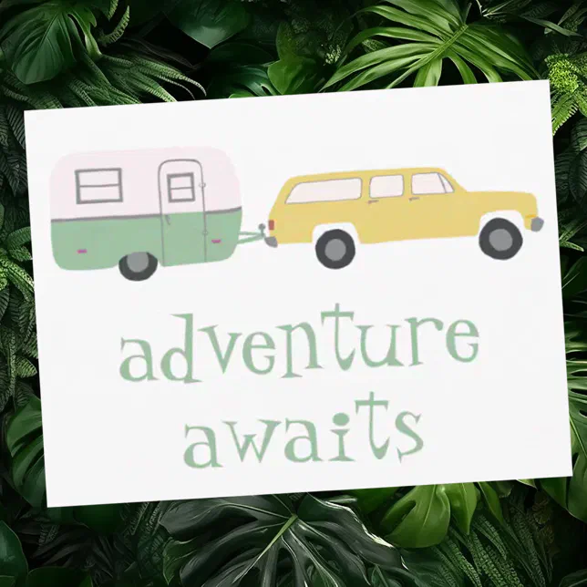 ADVENTURE AWAITS Camping Trailer RV Postcard | Zazzle