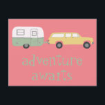ADVENTURE AWAITS Camping Trailer RV Postcard<br><div class="desc">Check out this cute camper trailer with the message "ADVENTURE AWAITS". You can always edit and add your own text. Let me know if you'd like something custom made. And be sure to check my shop for more products and designs. If you buy it, thank you! Be sure to share...</div>