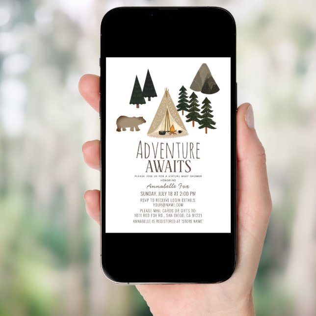 Adventure Awaits Camping Virtual Baby Shower Invitation (Front Digital)