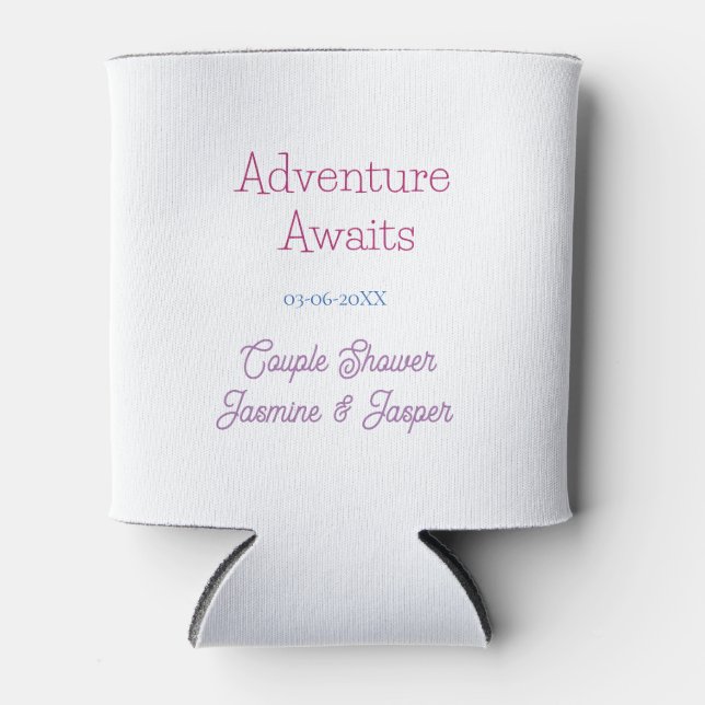 adventure awaits couple shower name date pink blue can cooler (Front)