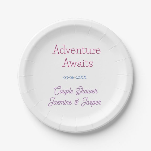 adventure awaits couple shower name date pink blue paper plates (Front)