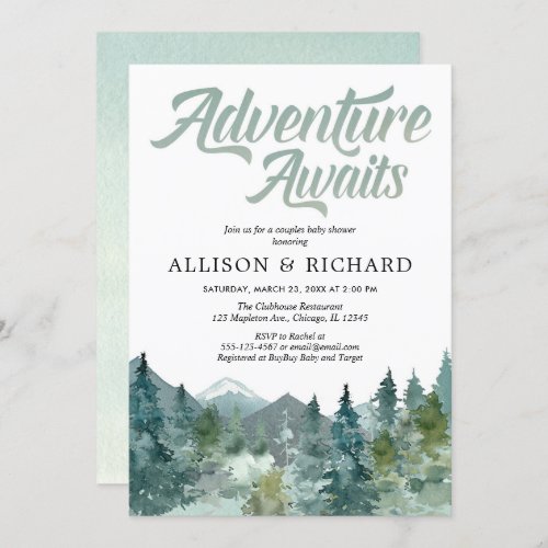 Adventure awaits couples baby shower mountain invitation