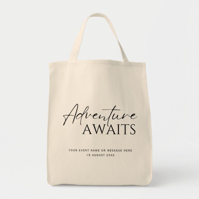 Adventure awaits, custom black and white tote bag (Front)