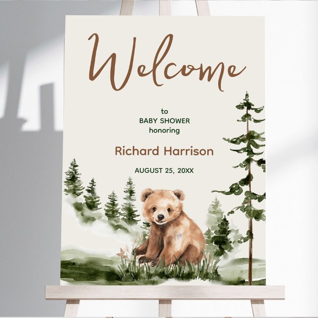 Adventure awaits cute forest bear baby shower foam board (Cute watercolor forest bear baby shower, woodland theme, sage green, earthy colors, neutral )