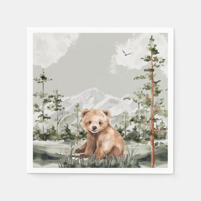 Adventure awaits cute forest bear baby shower napkins (Front)