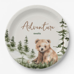 Adventure awaits cute forest bear baby shower paper plates