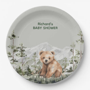 Adventure awaits cute forest bear baby shower paper plates