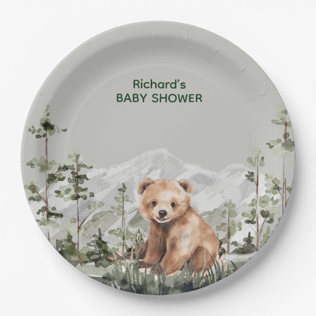 Adventure awaits cute forest bear baby shower paper plates (Front)