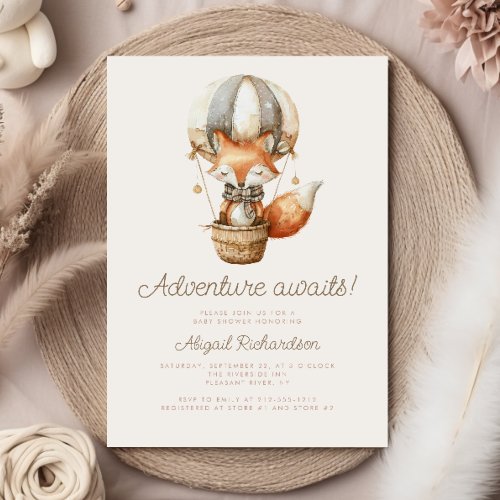 Adventure Awaits Cute Fox Balloon Baby Shower Invitation