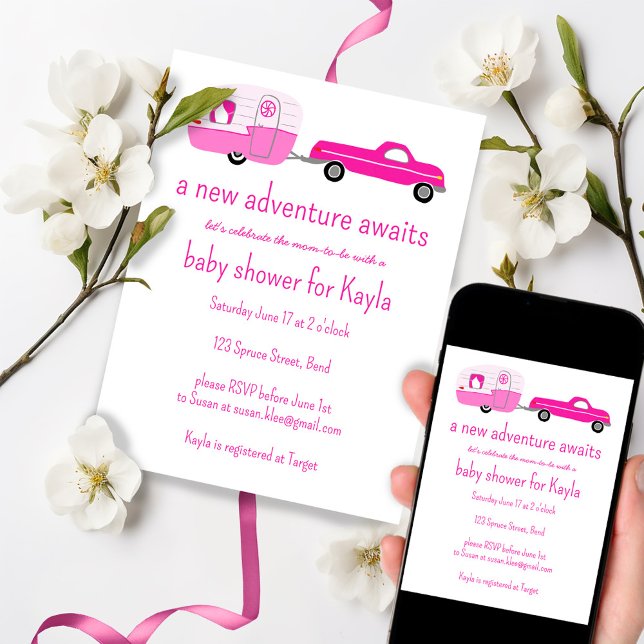 Adventure Awaits Cute Truck & Trailer BABY SHOWER Invitation (Adventure Awaits Cute Pink Truck & Trailer Tree-Free BABY SHOWER Invitation email or print custom
)