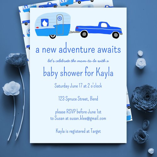 Adventure Awaits Cute Truck  Trailer BABY SHOWER Invitation