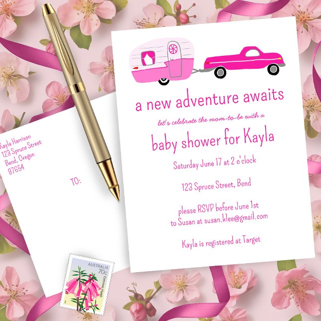 Adventure Awaits Cute Truck & Trailer BABY SHOWER Invitation Postcard (Adventure Awaits Cute Pink Truck & Camp Trailer Custom BABY SHOWER Invitation Postcard Designer Card)