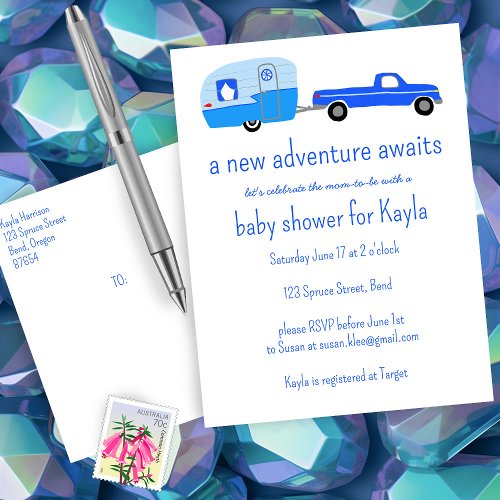 Adventure Awaits Cute Truck  Trailer BABY SHOWER Invitation Postcard