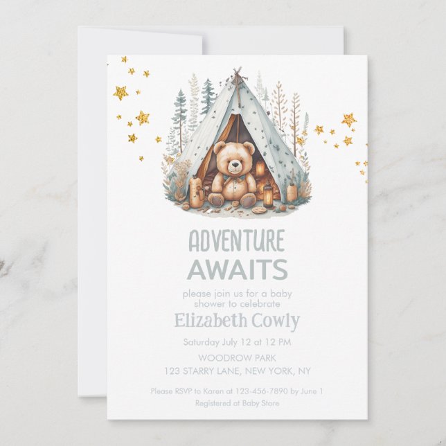 Adventure Awaits Cute Woodland Camping Baby Shower Invitation (Front)