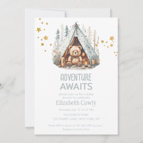 Adventure Awaits Cute Woodland Camping Baby Shower Invitation