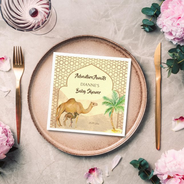 Adventure awaits desert baby camel baby shower  napkins (Adventure awaits Arabian desert expats cute baby camel baby shower monogram  printed napkins)