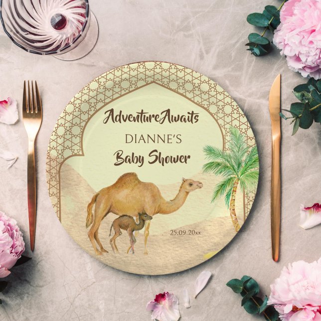 Adventure awaits desert baby camel baby shower  paper plates (Adventure awaits Arabian desert baby camel baby shower monogram personalized printed paper plates)