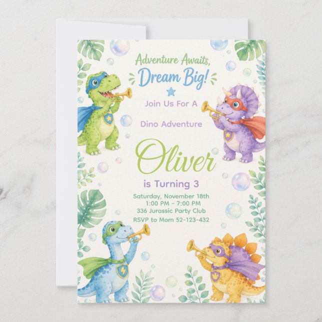 Adventure Awaits Dream Big Dinosaur Birthday Invitation (Front)