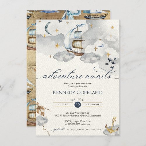 Adventure Awaits Dreamy Nautical Ship Baby Shower Invitation