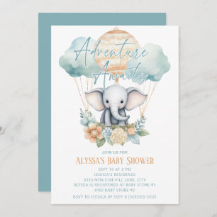 Adventure Awaits Elephant Hot Air Balloon Blue Boy Invitation