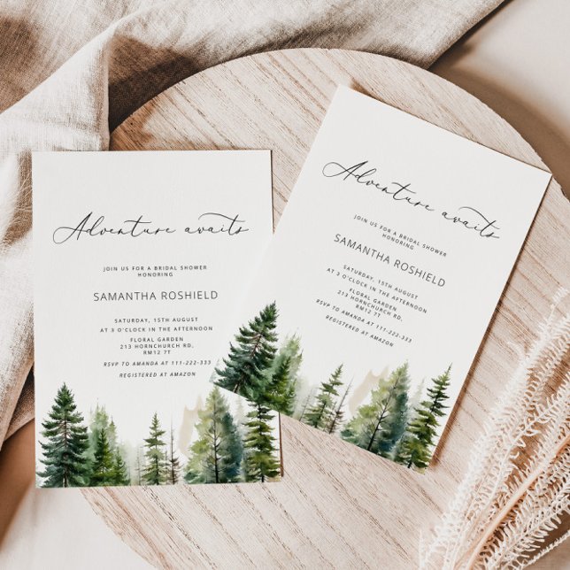 Adventure awaits evergreen woodland bridal shower invitation (Creator Uploaded)