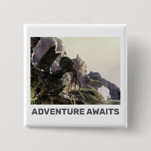 Adventure Awaits. Fantasy landscape Button