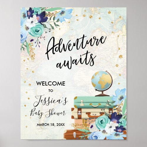 Adventure Awaits Floral Baby Shower Welcome Sign
