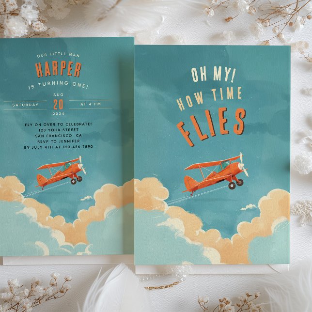 Adventure Awaits - Flying Airplane First Birthday Invitation (Creator Uploaded)