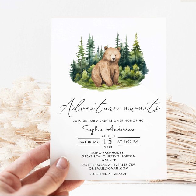Adventure Awaits Forest Bear Modern Baby Shower Invitation (Creator Uploaded)