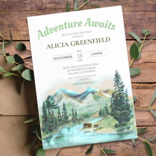 Adventure Awaits Forest Bears Mountain Baby Shower Invitation