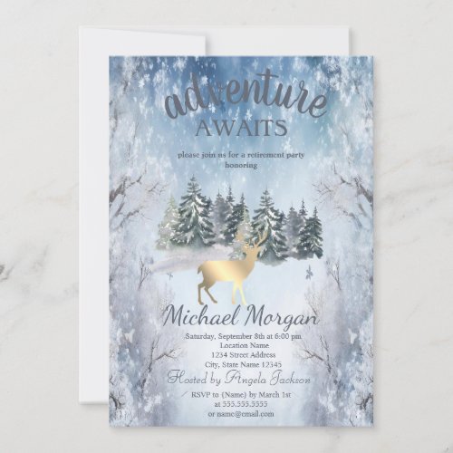 Adventure Awaits Forest Gold Deer Blue Retirement Invitation