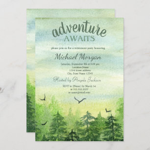Adventure Awaits Forest Mountains Birds Retirement Invitation