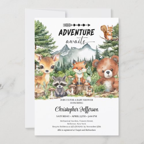 Adventure awaits Forest Woodland Animals Shower Invitation