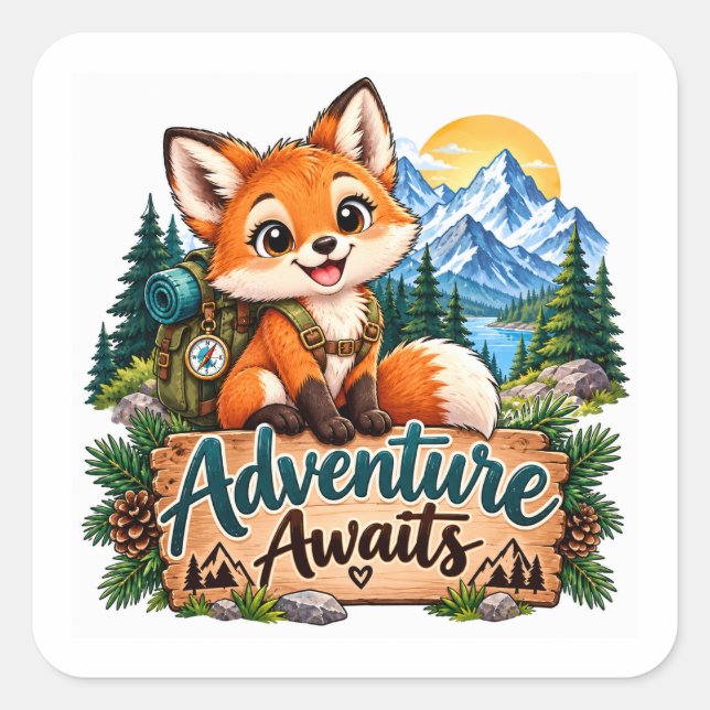 Adventure Awaits Fox Explorer Square Sticker (Front)