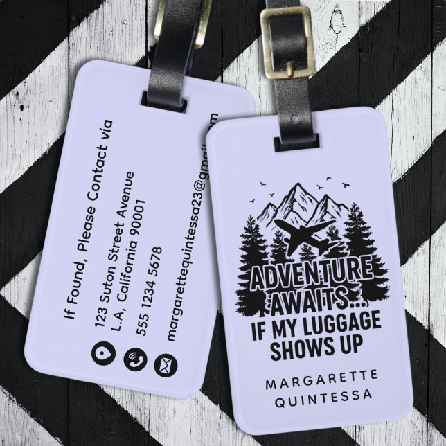 Adventure Awaits Funny Lavender & Black Typography Luggage Tag (Creator Uploaded)