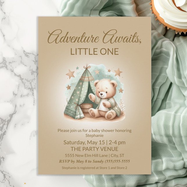 Adventure Awaits Gender Neutral Bear Baby Invitation (Teddy bear camping in tent "Adventure Awaits" gender neutral baby shower invitation)
