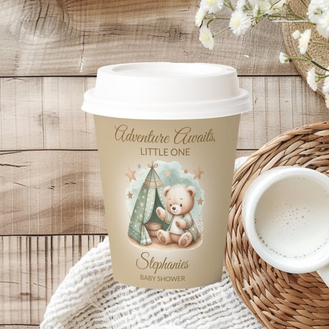 Adventure Awaits Gender Neutral Bear Baby Paper Cups (Teddy bear "Adventure Awaits" baby shower paper cups)