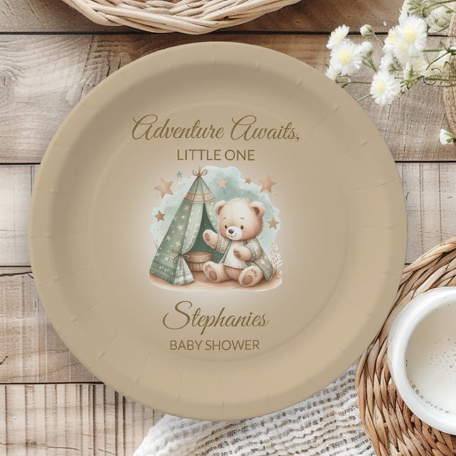 Adventure Awaits Gender Neutral Bear Baby Paper Plates (Teddy bear "Adventure Awaits" baby shower paper plate)
