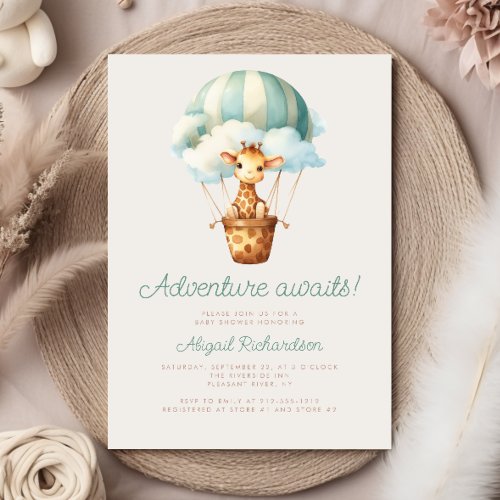 Adventure Awaits Giraffe Balloon Baby Shower Invitation