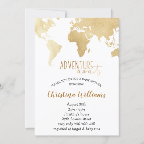 Adventure Awaits Gold Foil World Map Baby Shower Invitation