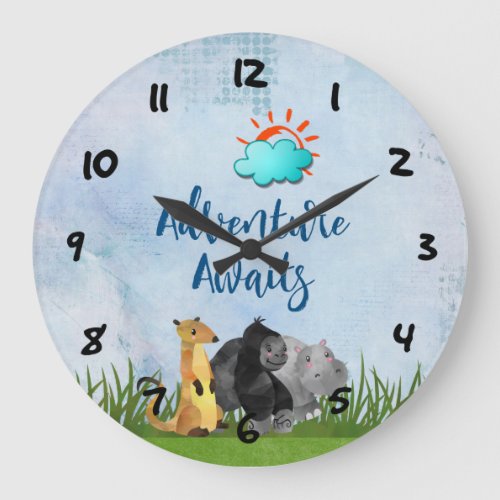 Adventure Awaits _ Gorilla Hippo and Meerkat Large Clock