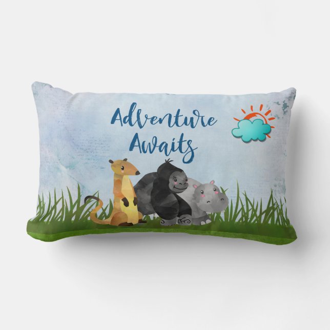 Adventure Awaits - Gorilla Hippo and Meerkat Lumbar Pillow (Front)