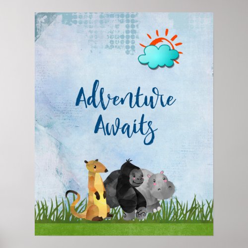 Adventure Awaits _ Gorilla Hippo and Meerkat Poster