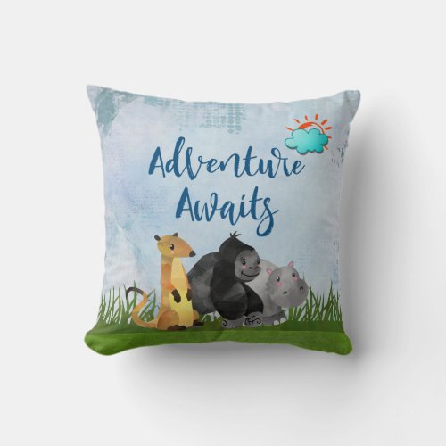 Adventure Awaits _ Gorilla Hippo and Meerkat Throw Pillow