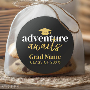 Adventure Awaits - Grad Name and Cap - Black Gold Classic Round Sticker