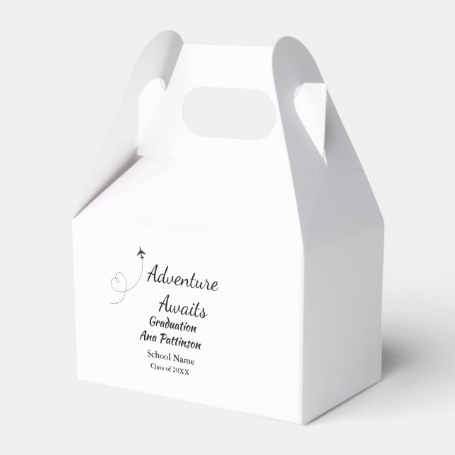 Adventure awaits graduation add name school year favor boxes (Front Side)
