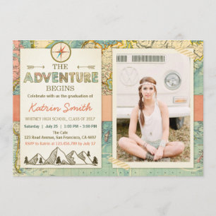 Adventure awaits Graduation invitation Travel Map
