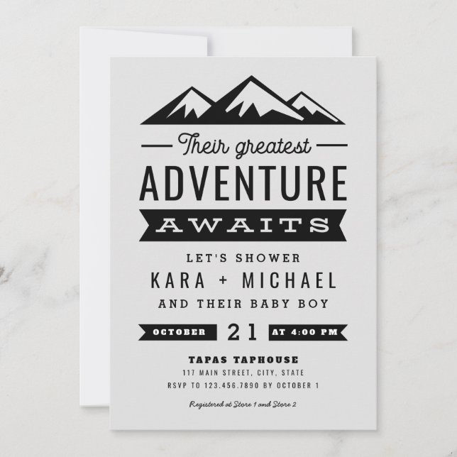 Adventure Awaits Gray Baby Shower Invitation (Front)