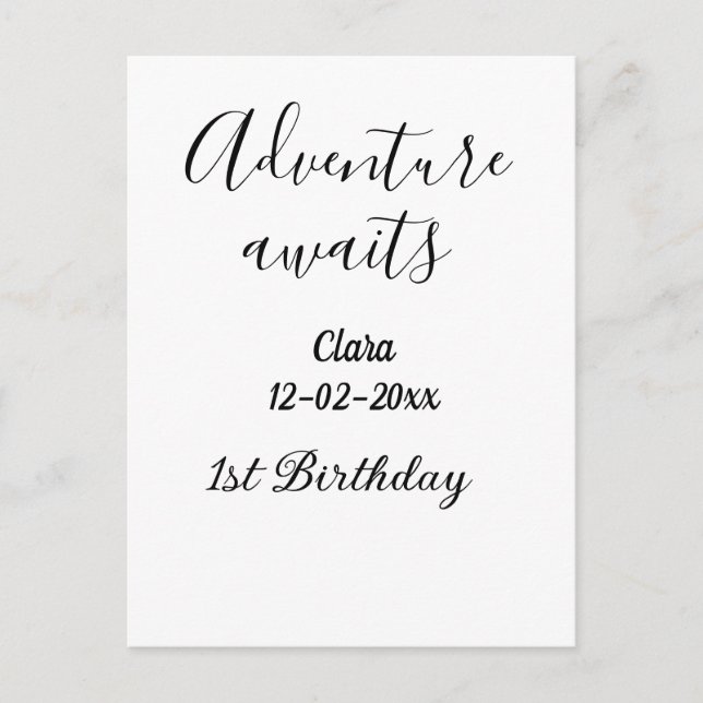 Adventure awaits happy 1st birthday name date simp postcard (Front)