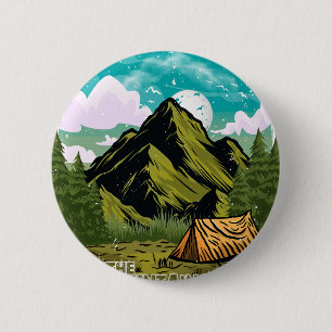 Adventure awaits, happy camper outdoor vacation button